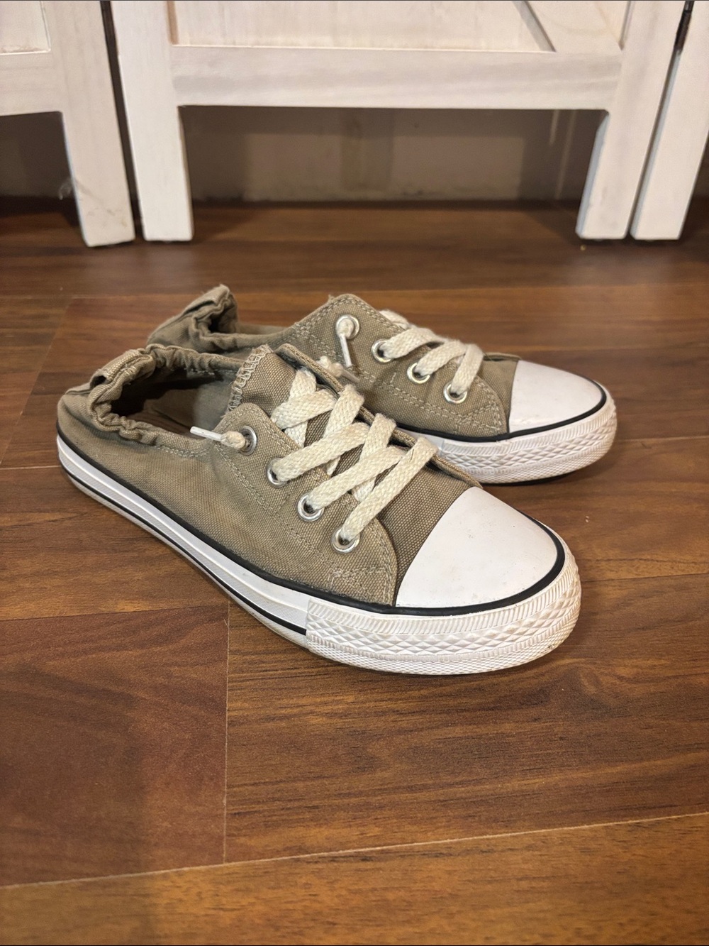 Falls Creek Olive Green Canvas Slip-On Sneakers with White Toe